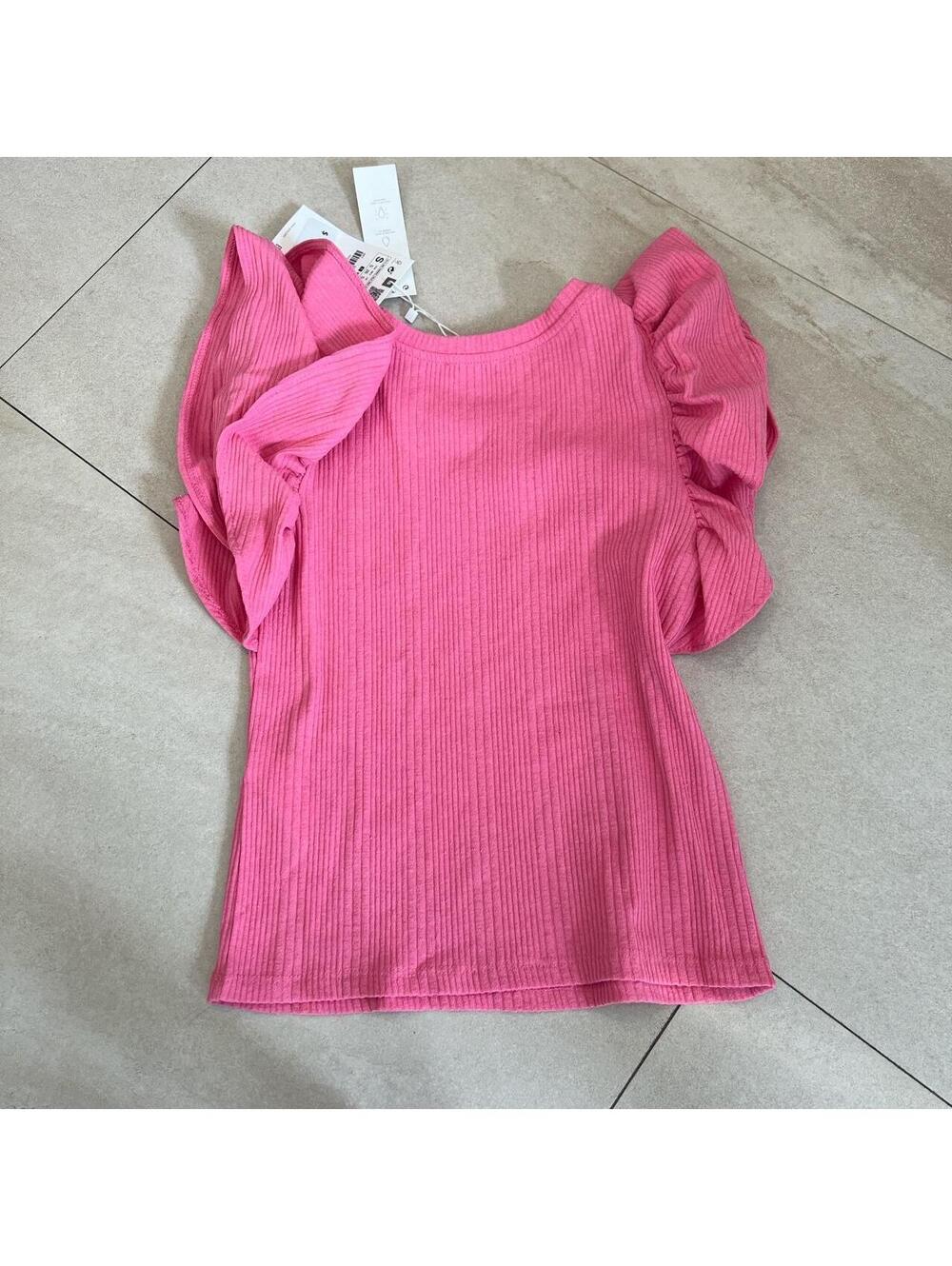 Zara Pink Ruffle Sleeve Ribbed Top Size S - Picture 2 of 3